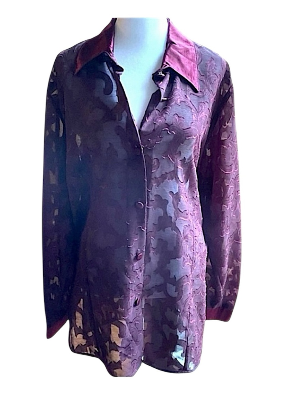 VINTAGE 90s HILLARD HANSON Sheer Plum Floral Satin Tunic Blouse SZ L